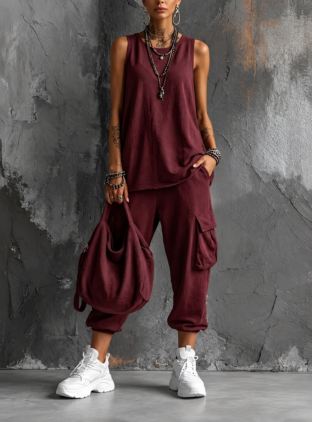 Muriel | Ensemble Casual Souple avec Poches Bordeaux