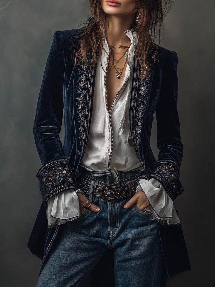 Margaux | Veste Longue Brodée Bleu Marine