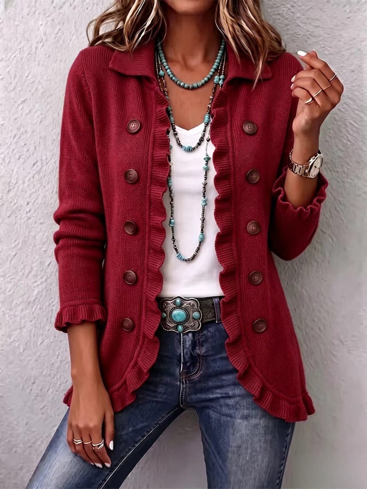 Marthe | Veste Côtelée Rouge Rubis avec Volants