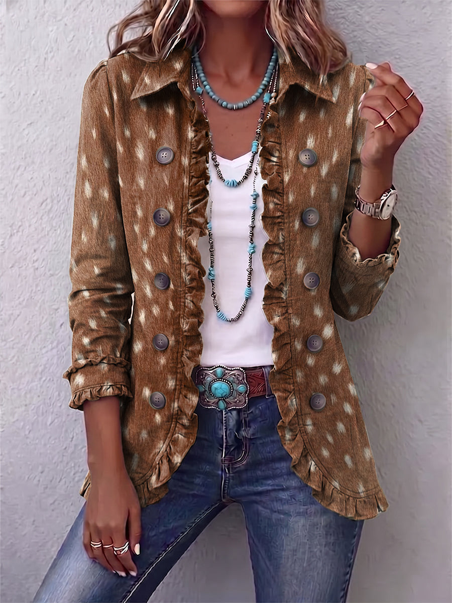 Hélène | Veste Bohème Imprimé Animalier Marron avec Volants