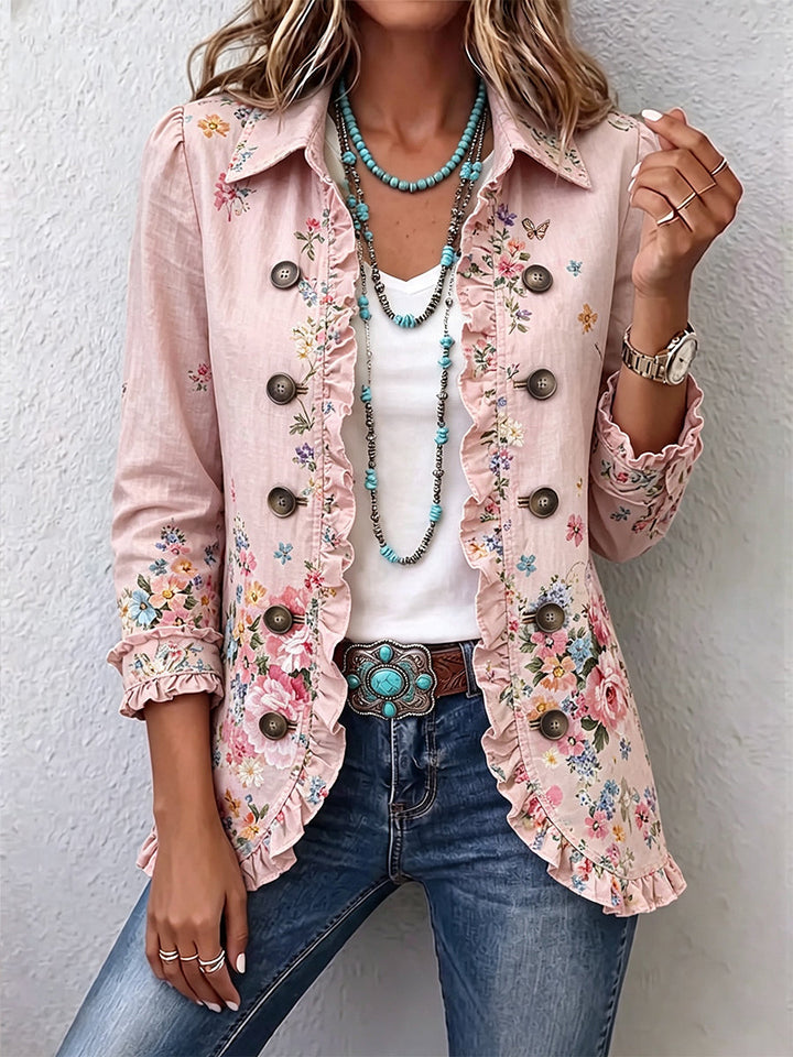 Martine | Veste Fleurie Rose avec Volants et Boutons