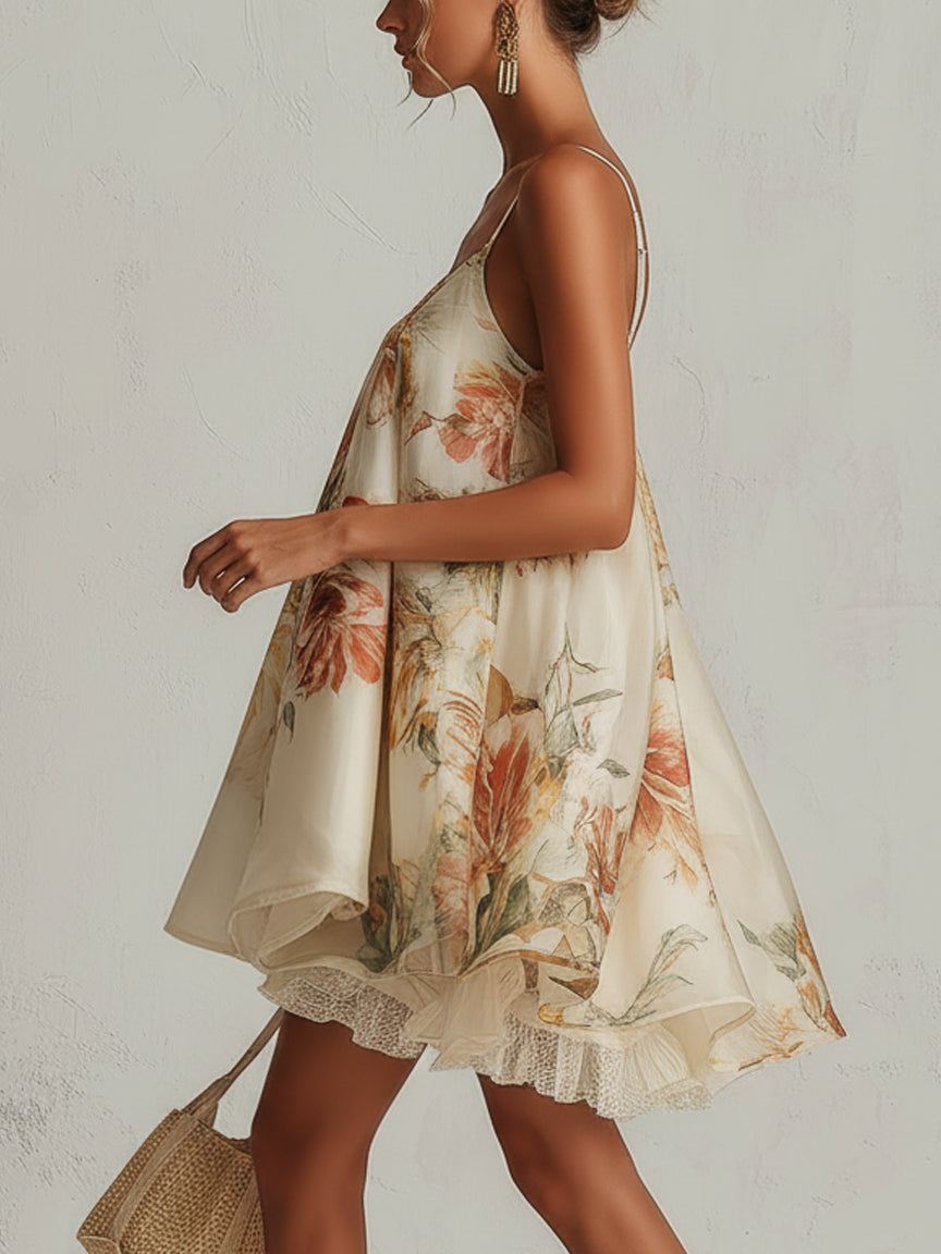 Liliane | Robe courte ligne A en organza beige à motif floral et bordure en dentelle