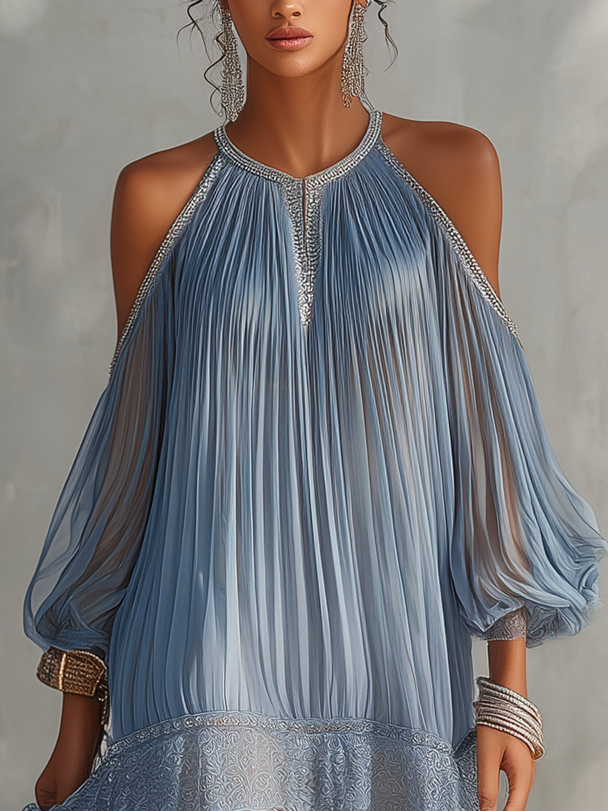 Céleste | Mini-robe bleue à épaules dénudées, froncée et ourlet en dentelle
