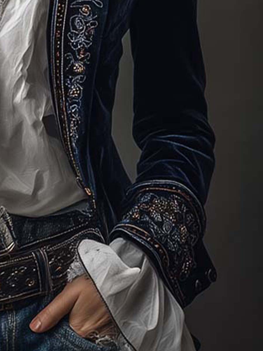 Margaux | Veste Longue Brodée Bleu Marine