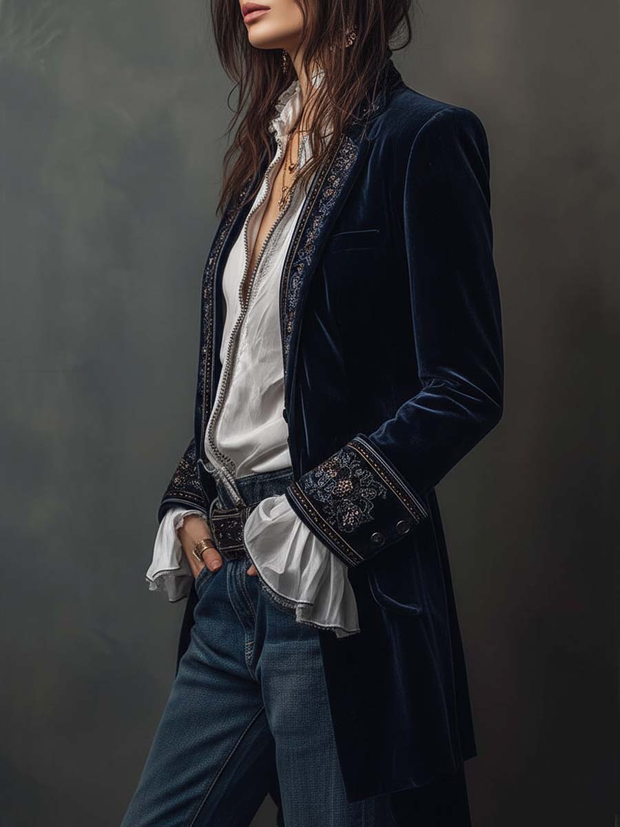 Margaux | Veste Longue Brodée Bleu Marine