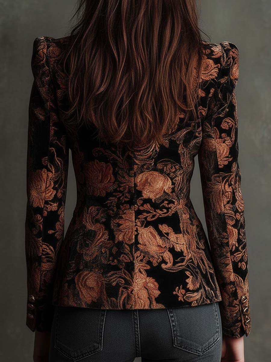 Annabelle | Blazer Ajusté Noir et Bronze à Motif Floral
