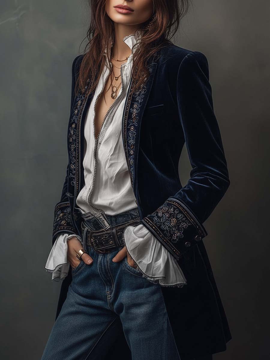 Margaux | Veste Longue Brodée Bleu Marine
