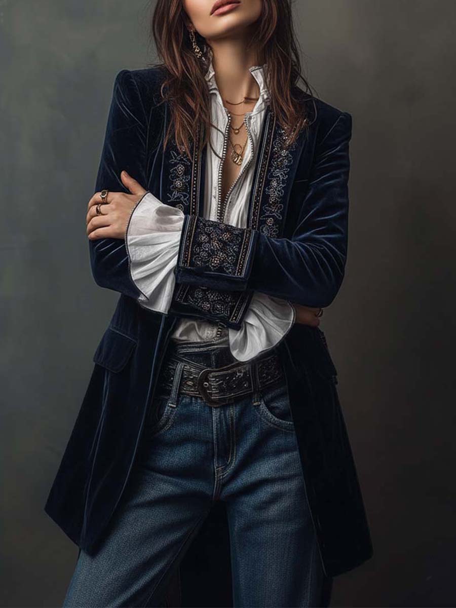 Margaux | Veste Longue Brodée Bleu Marine