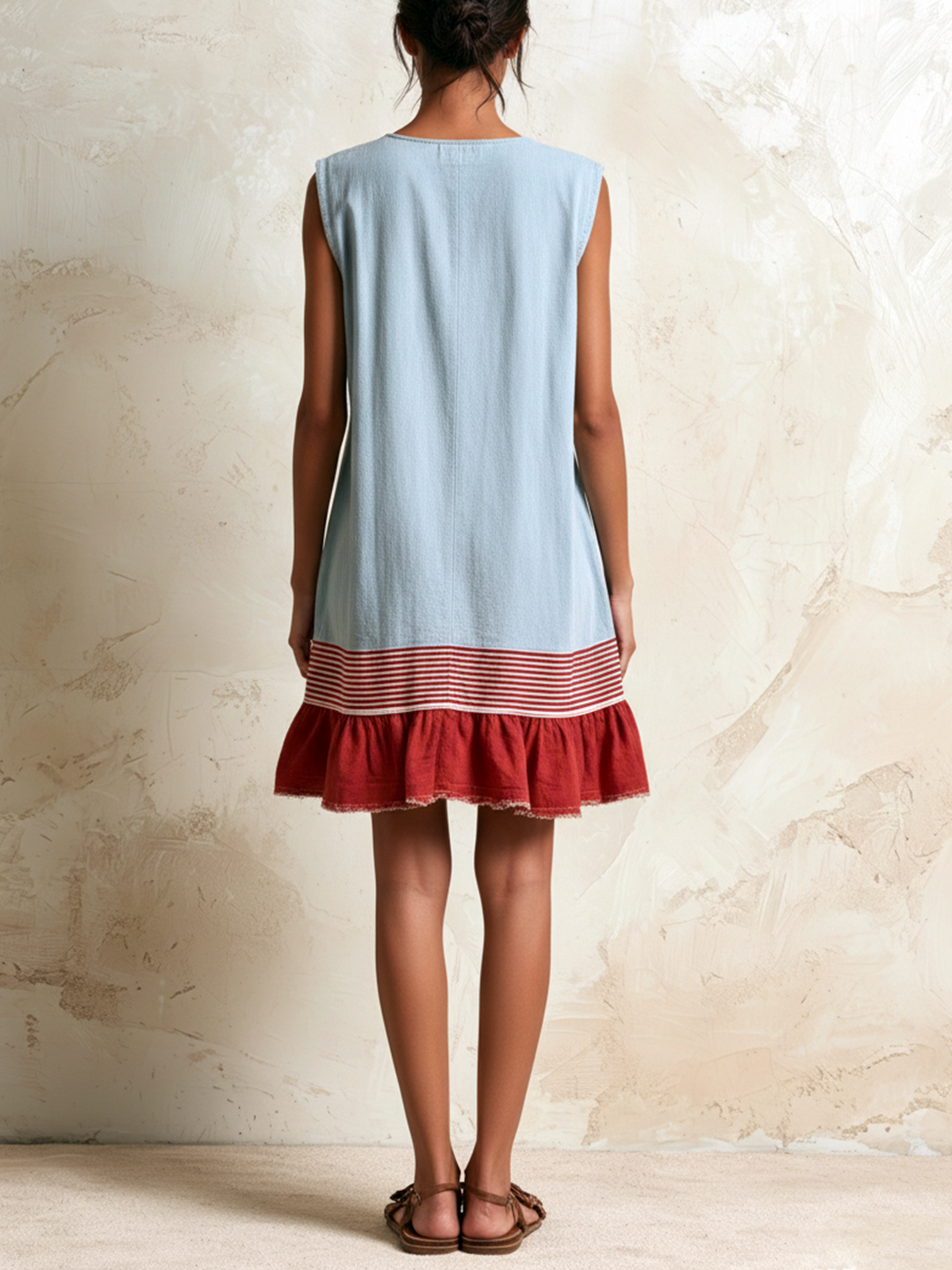 Katia | Robe tunique bleu clair sans manches avec bande rouge et ourlet froncé