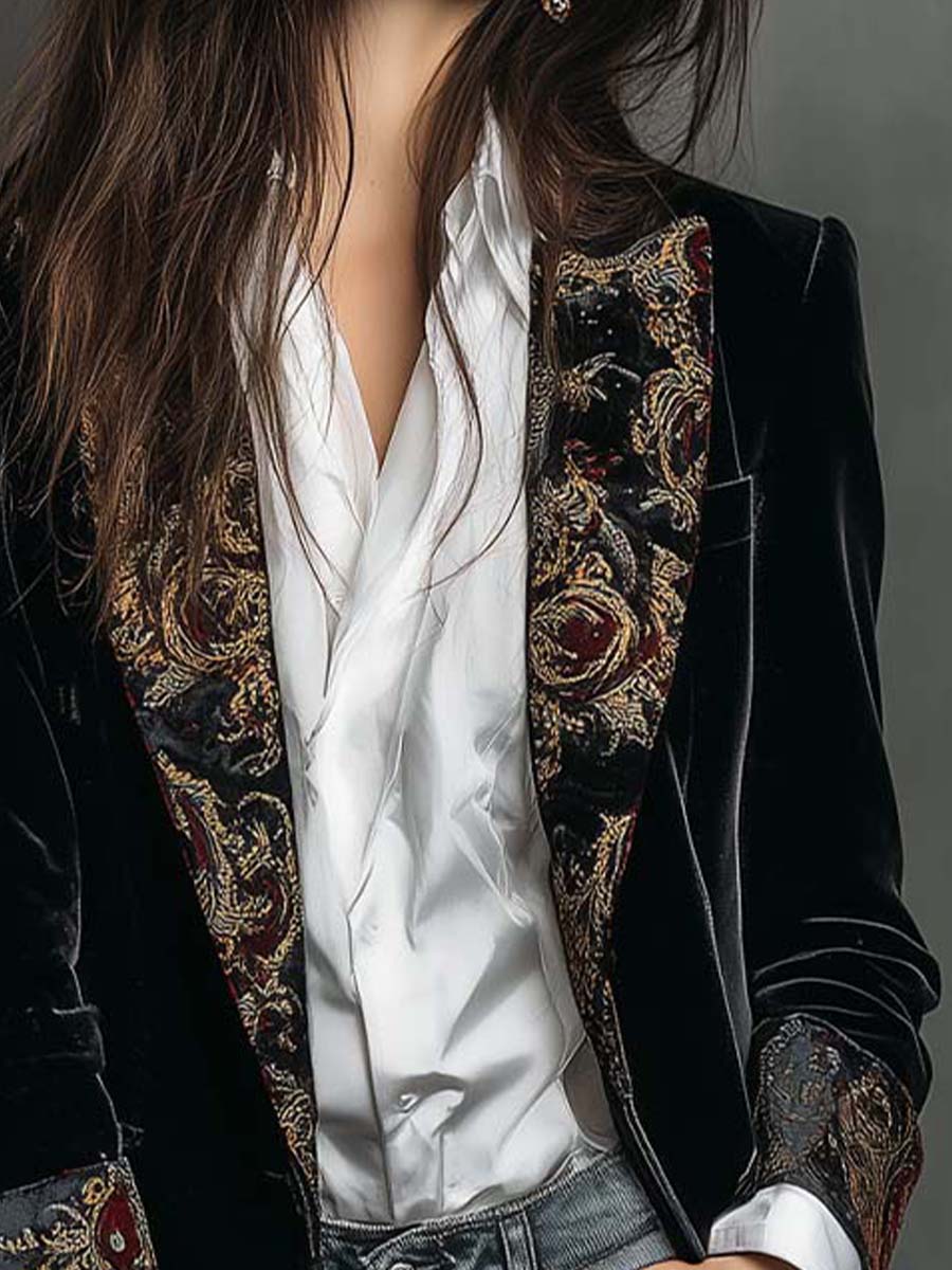 Véra | Blazer Noir Baroque à Revers