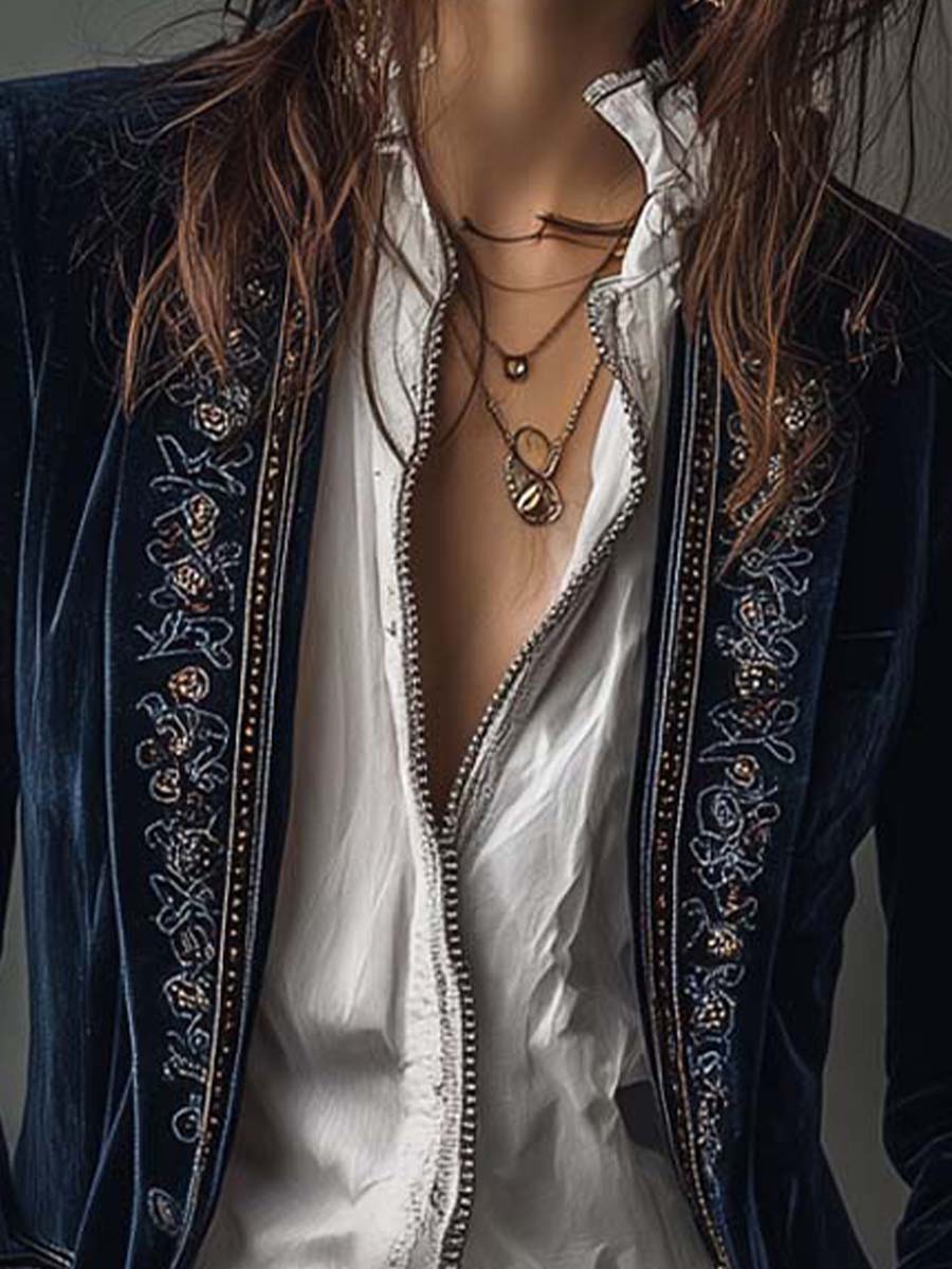 Margaux | Veste Longue Brodée Bleu Marine