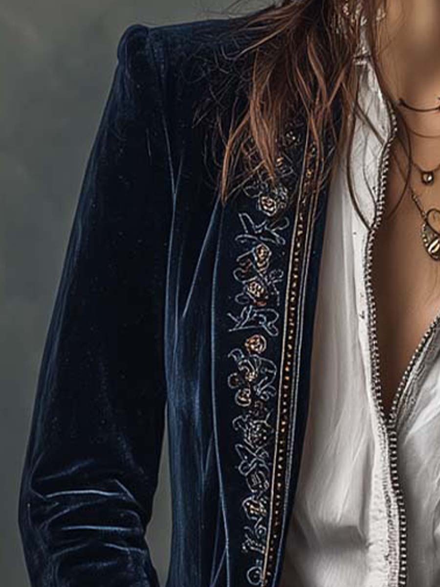 Margaux | Veste Longue Brodée Bleu Marine