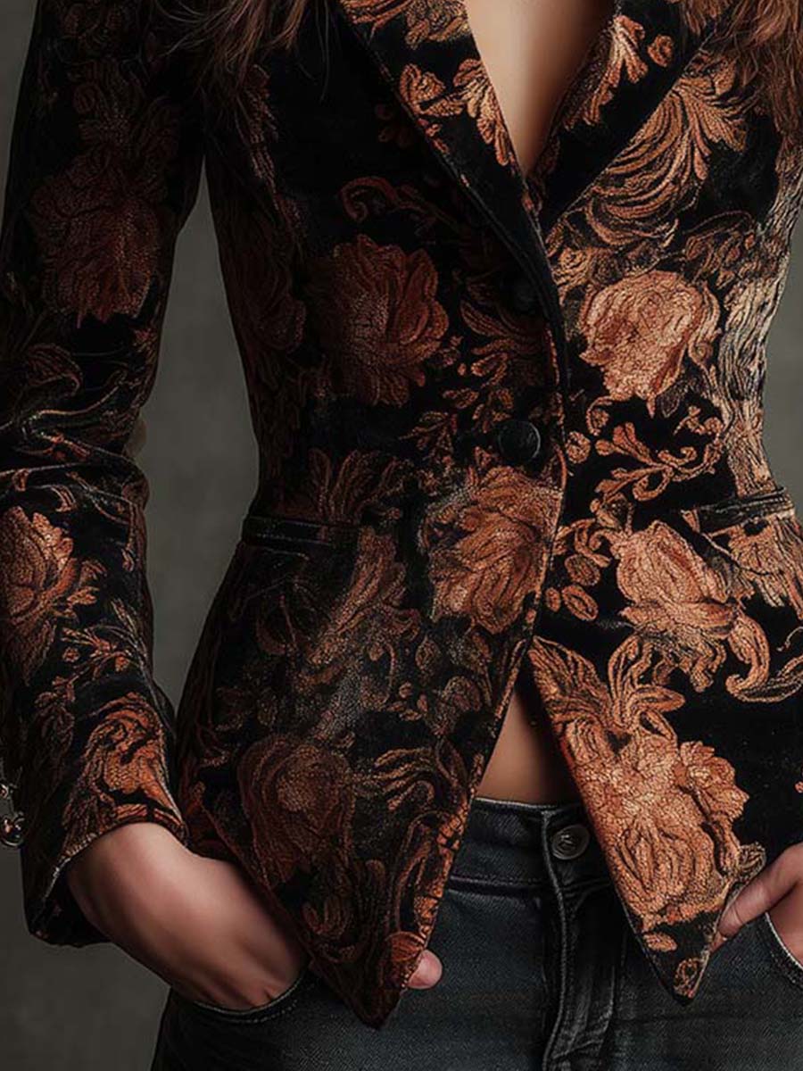 Annabelle | Blazer Ajusté Noir et Bronze à Motif Floral