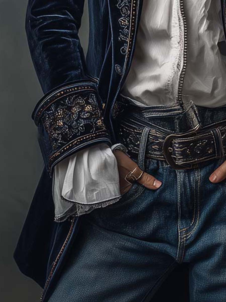Margaux | Veste Longue Brodée Bleu Marine