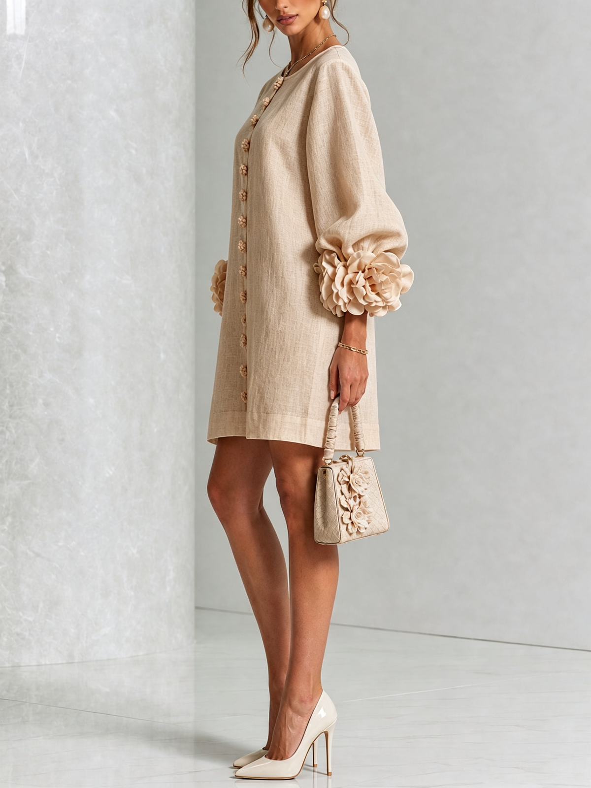 Blanche | Robe mini blanche à boutons fleuris et manches à fleurs extravagantes