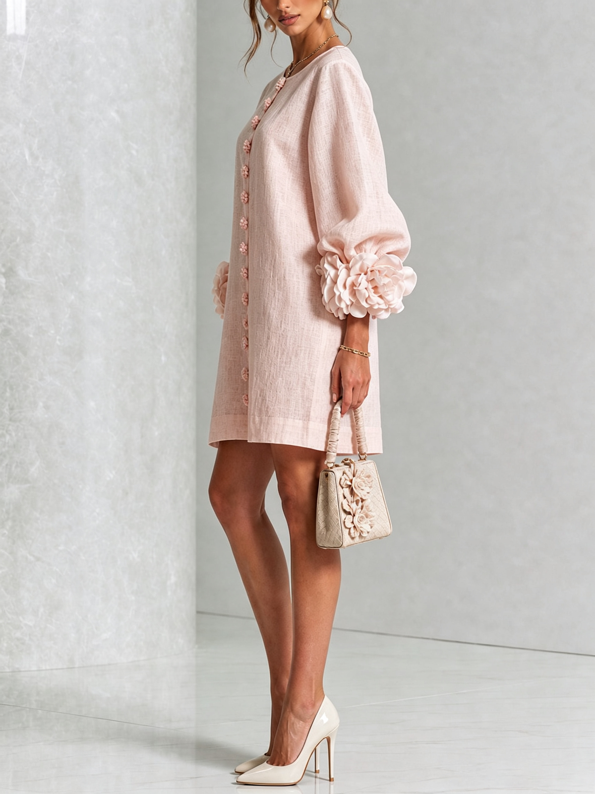 Blanche | Robe mini blanche à boutons fleuris et manches à fleurs extravagantes