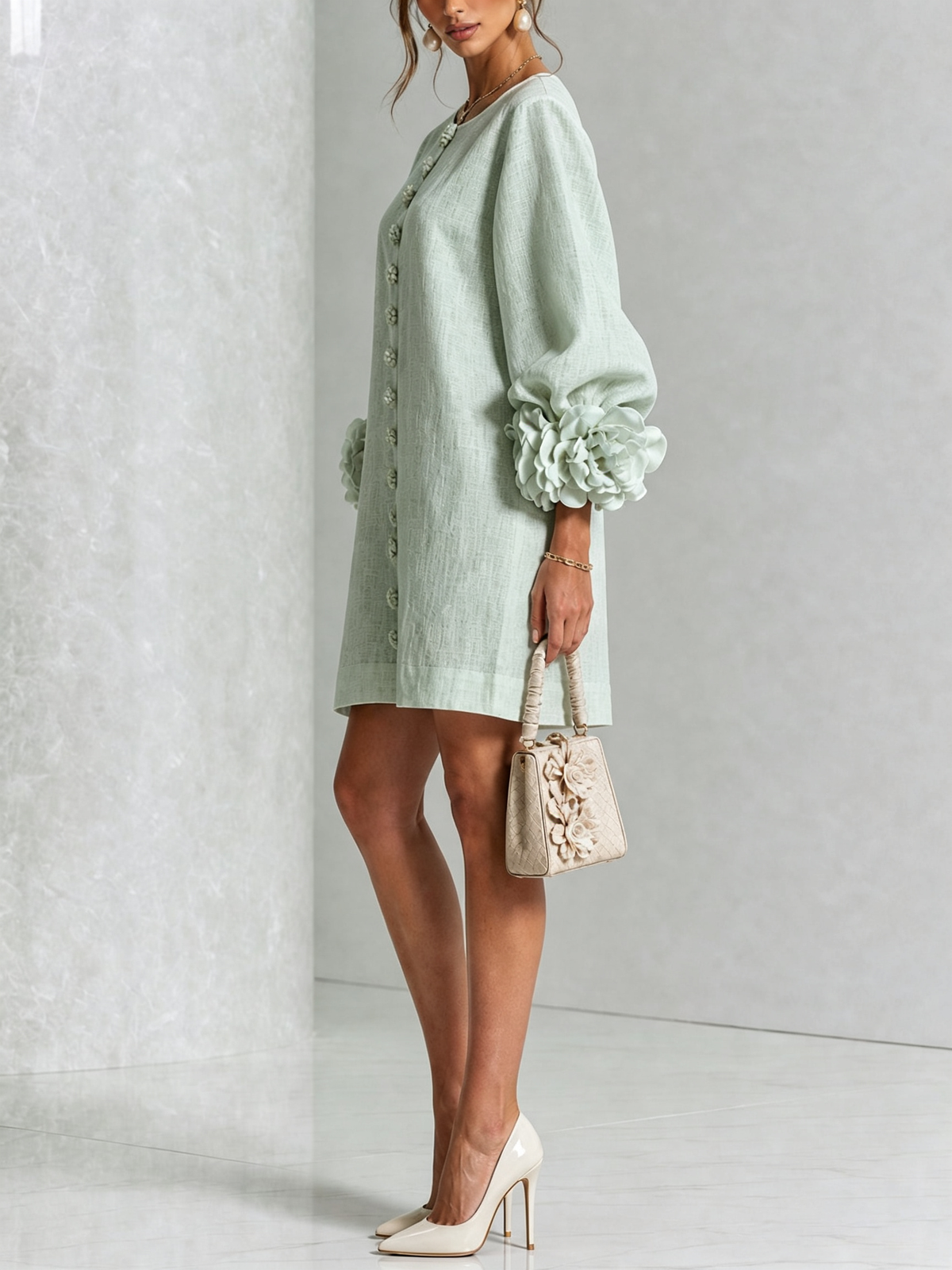 Blanche | Robe mini blanche à boutons fleuris et manches à fleurs extravagantes