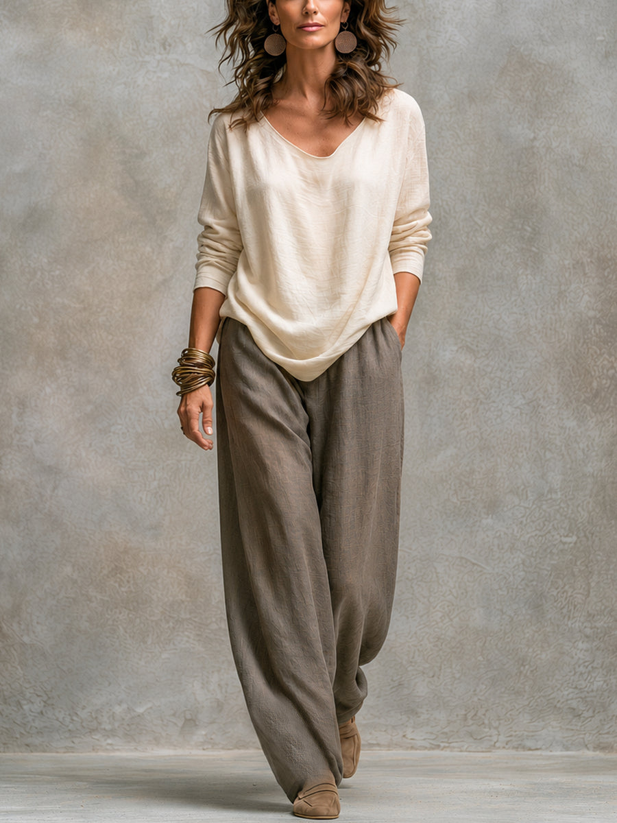 Lydie - Ensemble casual trois pièces en beige et gris, avec pantalon élégant à jambe large