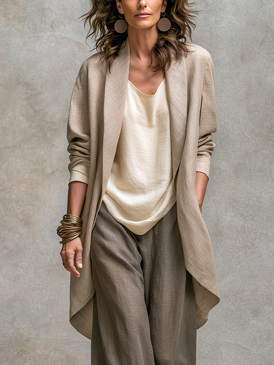 Lydie - Ensemble casual trois pièces en beige et gris, avec pantalon élégant à jambe large