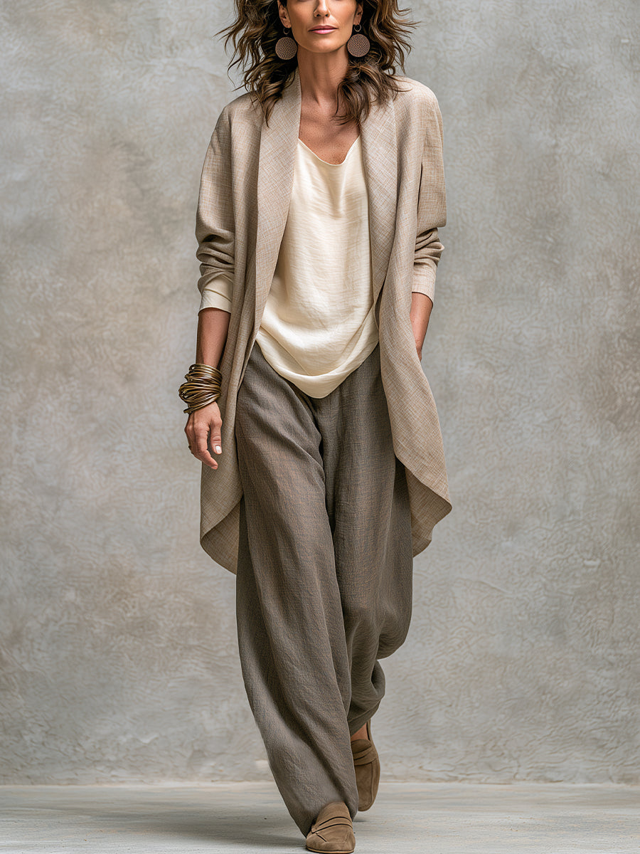 Lydie - Ensemble casual trois pièces en beige et gris, avec pantalon élégant à jambe large