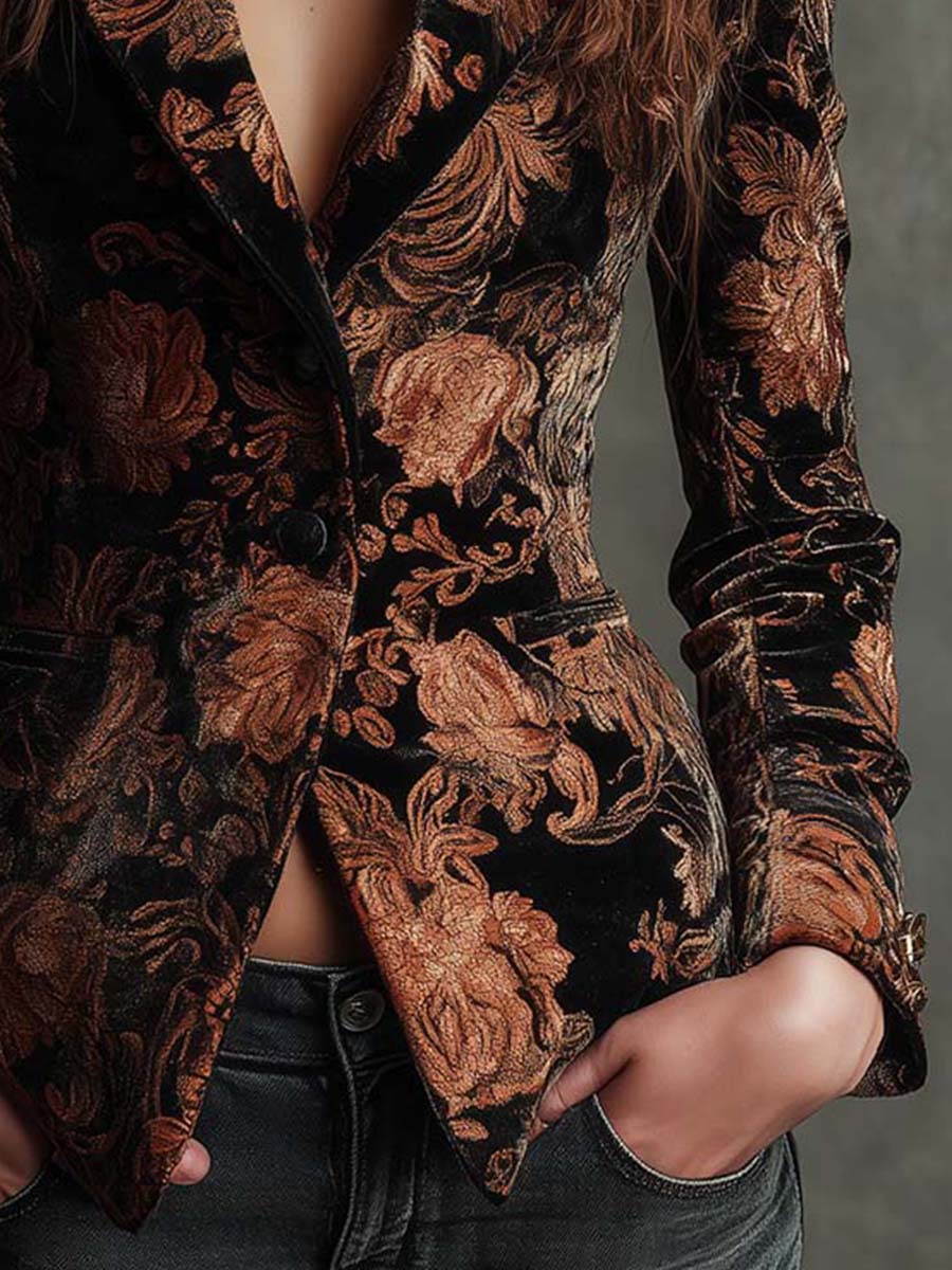 Annabelle | Blazer Ajusté Noir et Bronze à Motif Floral