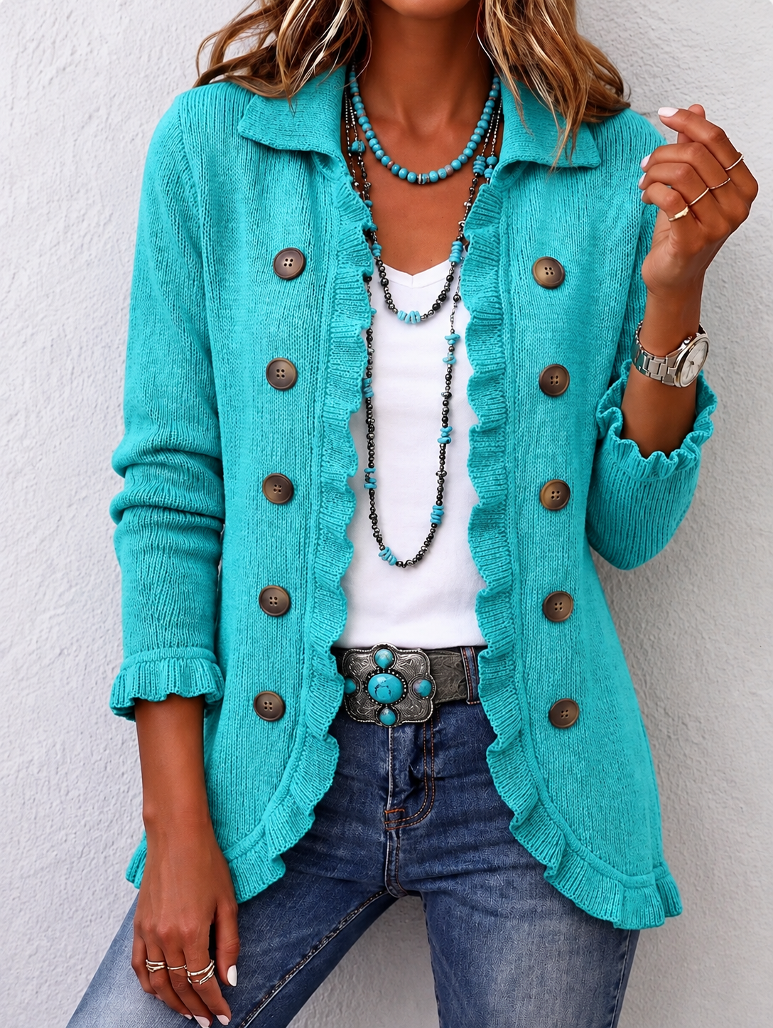 Sylvaine | Veste Côtelée Turquoise avec Volants