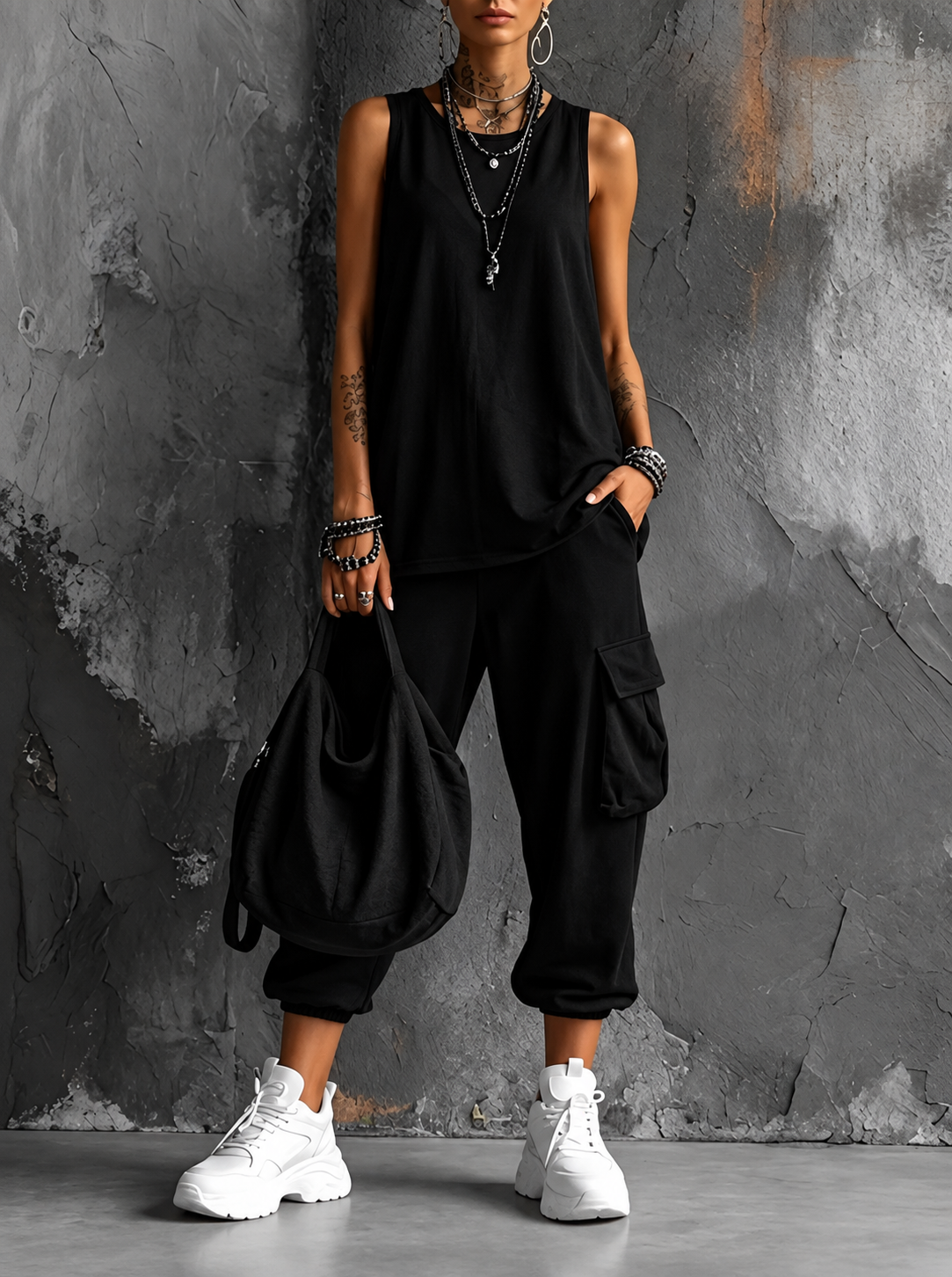 Muriel | Ensemble Casual Souple avec Poches Noir
