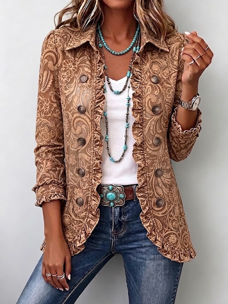 Noémie | Veste Bohème Fleurie Vintage Marron avec Volants