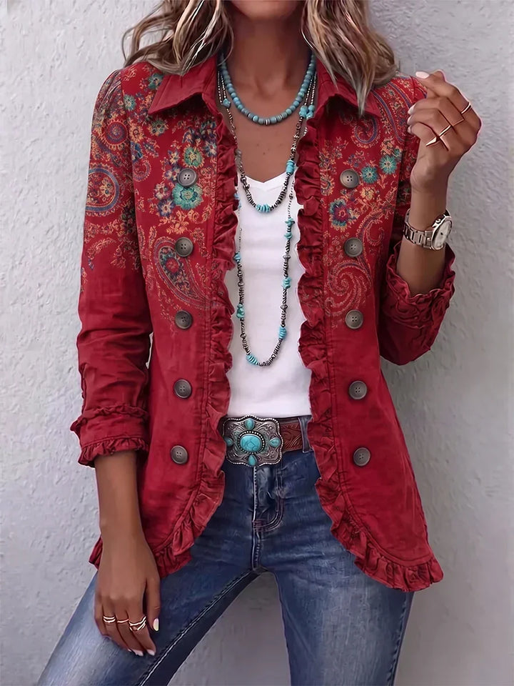 Charlotte | Veste Bohème Paisley Rouge avec Volants