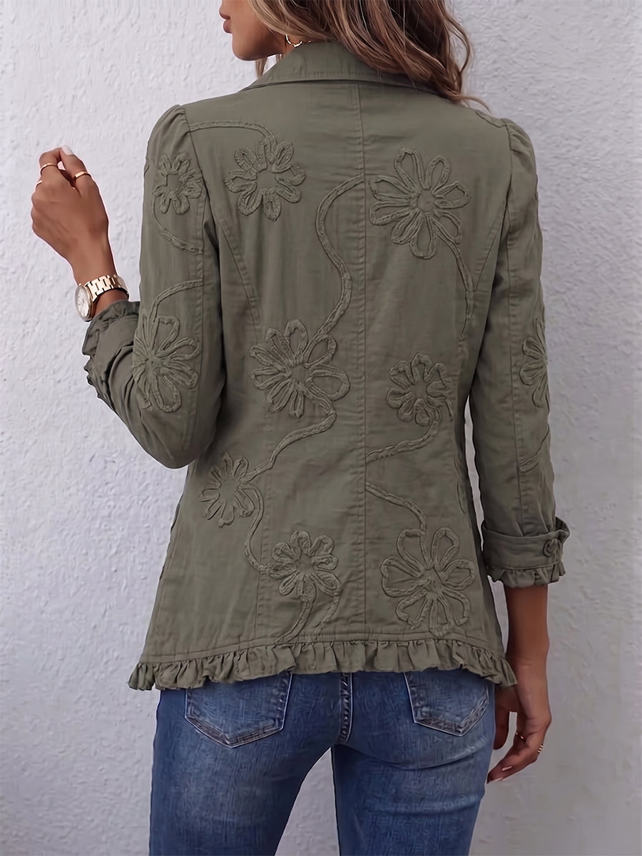 Alexandra | Veste Bohème-Chic Brodée de Fleurs Vert Rétro avec Volants