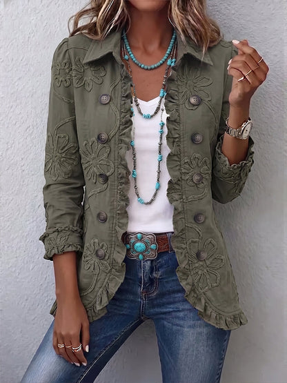 Alexandra | Veste Bohème-Chic Brodée de Fleurs Vert Rétro avec Volants