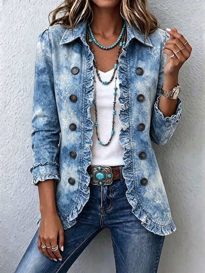 Geneviève | Veste Bohème Botanique Vintage Dégradée Bleue avec Volants