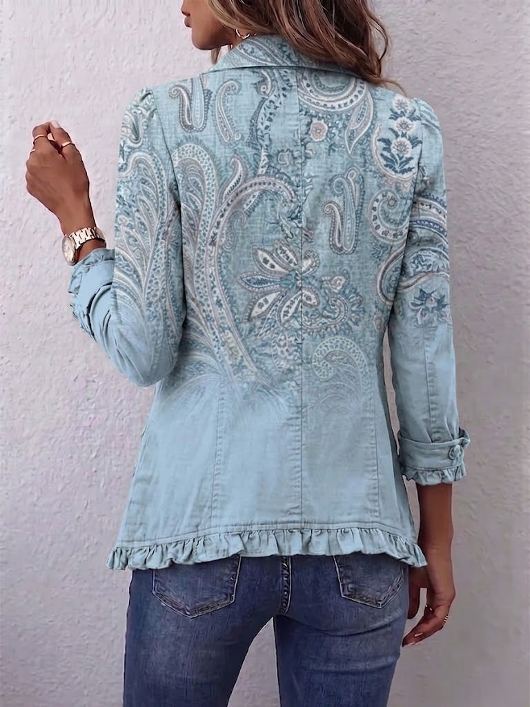 Émilie | Veste Paisley Vintage Bleu Ciel avec Volants