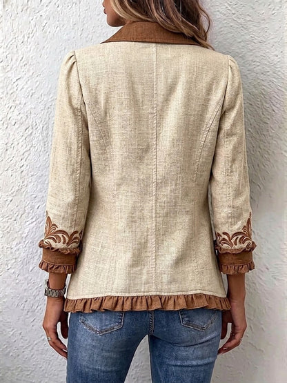 Octavie | Veste Bohème Fleurie Vintage Camel et Marron avec Volants