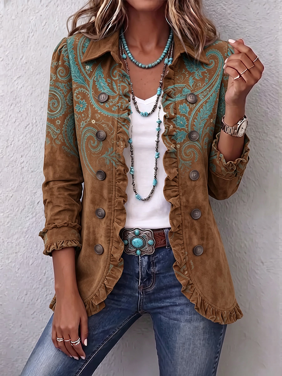 Séverine | Veste Paisley Marron avec Volants