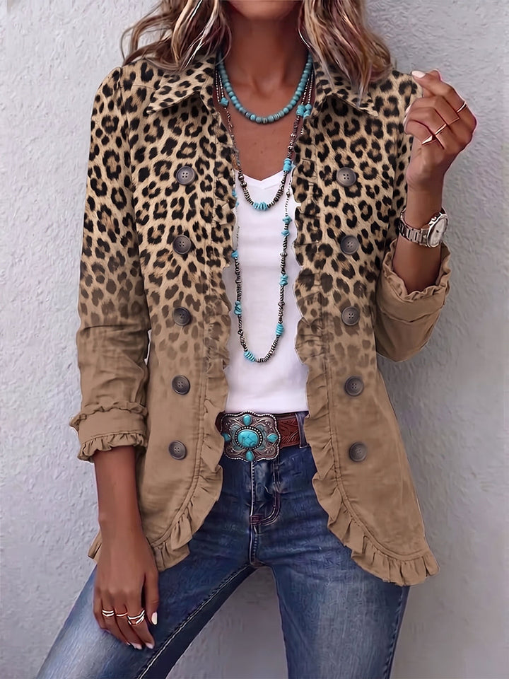 Corinne | Veste Léopard Vintage Dégradée Camel avec Volants