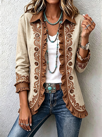 Octavie | Veste Bohème Fleurie Vintage Camel et Marron avec Volants