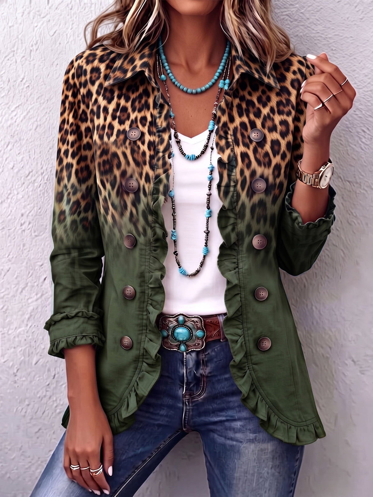 Louise | Blazer Léopard Dégradé Vert Olive