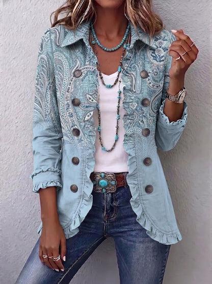 Émilie | Veste Paisley Vintage Bleu Ciel avec Volants